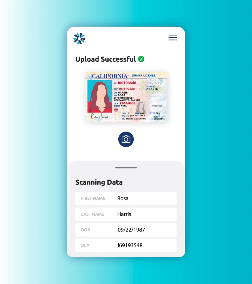 Mobile app screen showing successful upload of a California driver license and extracted user data fields.