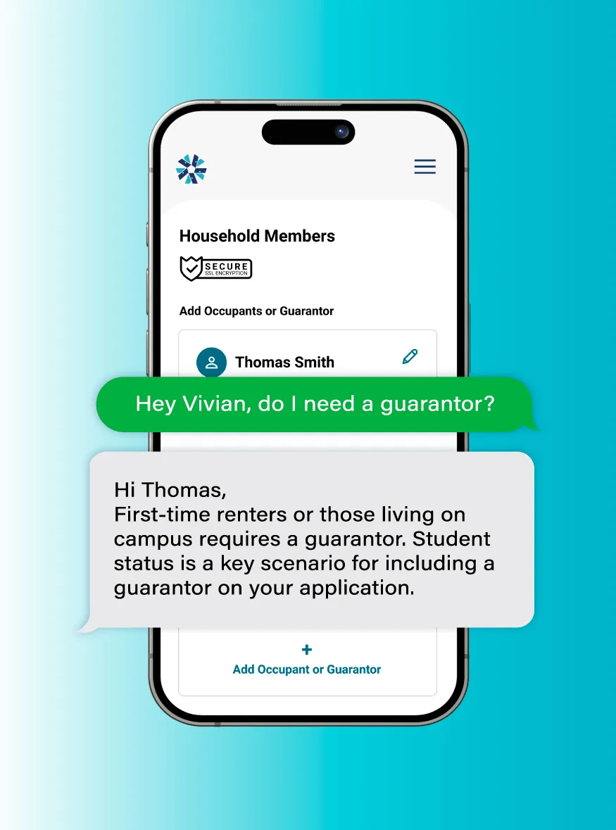Smartphone screen showing a chat about guarantor requirements for first-time renters or students.