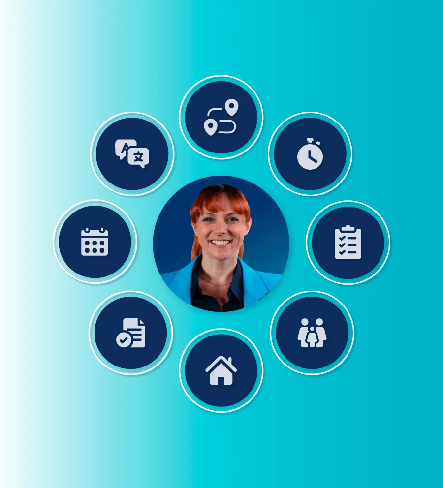 Smiling woman in blue surrounded by icons for calendar, translation, route, timer, checklist, family, home, and document.