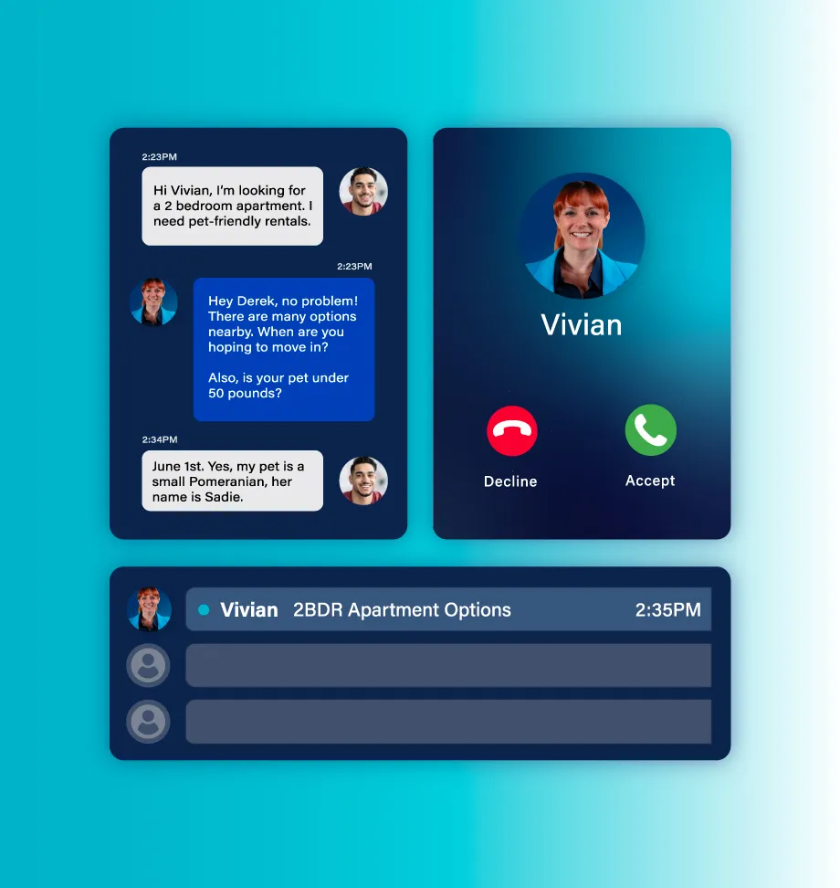 Chat interface with Vivian discussing 2-bedroom pet-friendly apartments and an incoming call from Vivian.
