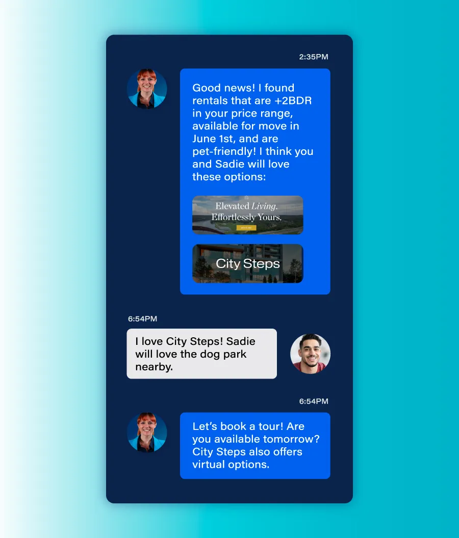 Chat showing a rental option discussion with images of 'Elevated Living' and 'City Steps' apartments.