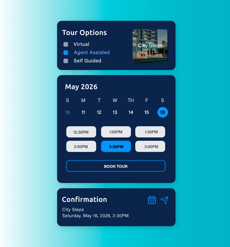 Tour scheduler with options for virtual, agent assisted, self guided, date May 16, 2026, time 2:30 PM, and confirmation.