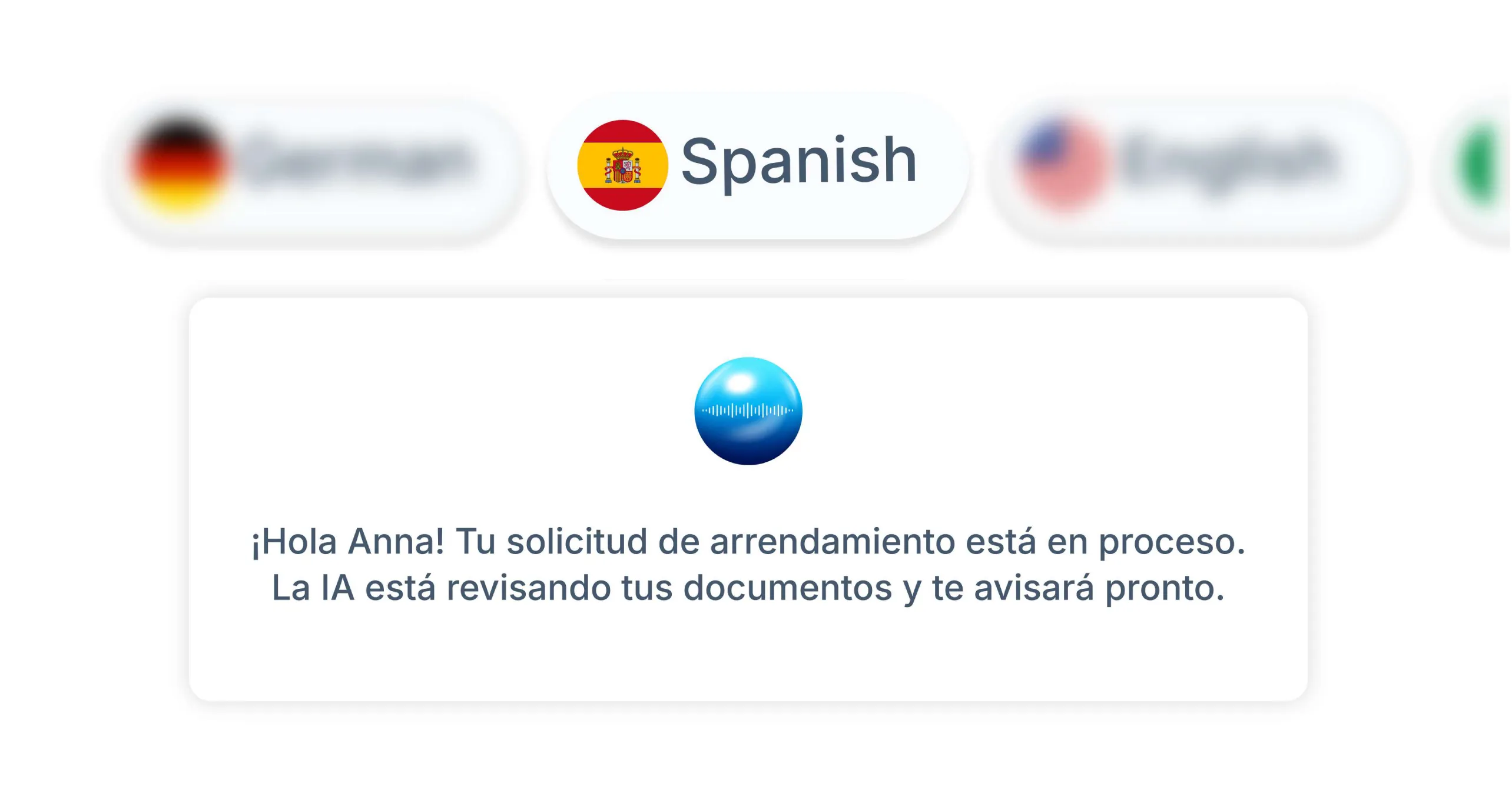 Language selection with Spanish highlighted and message about AI reviewing rental application documents.