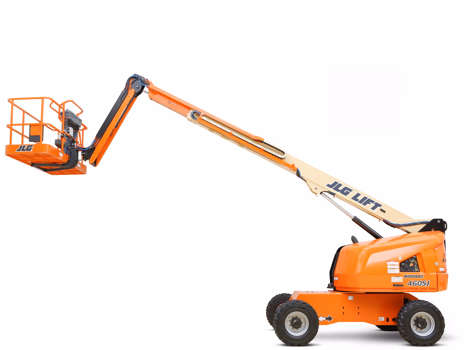 JLG 460SJ telescopic boom lift raised against a clear sky