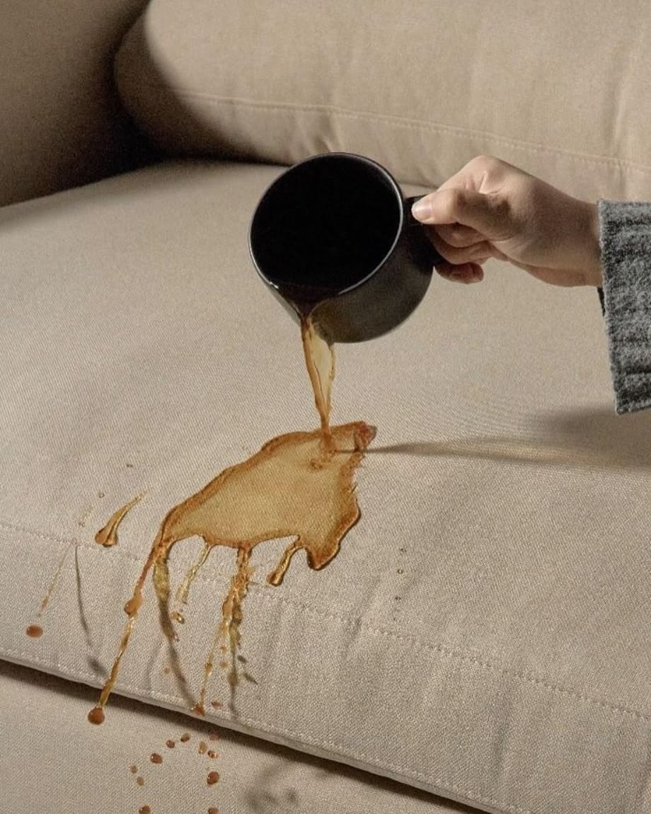 Mano derramando bebida oscura de un vaso sobre una superficie texturizada blanca.