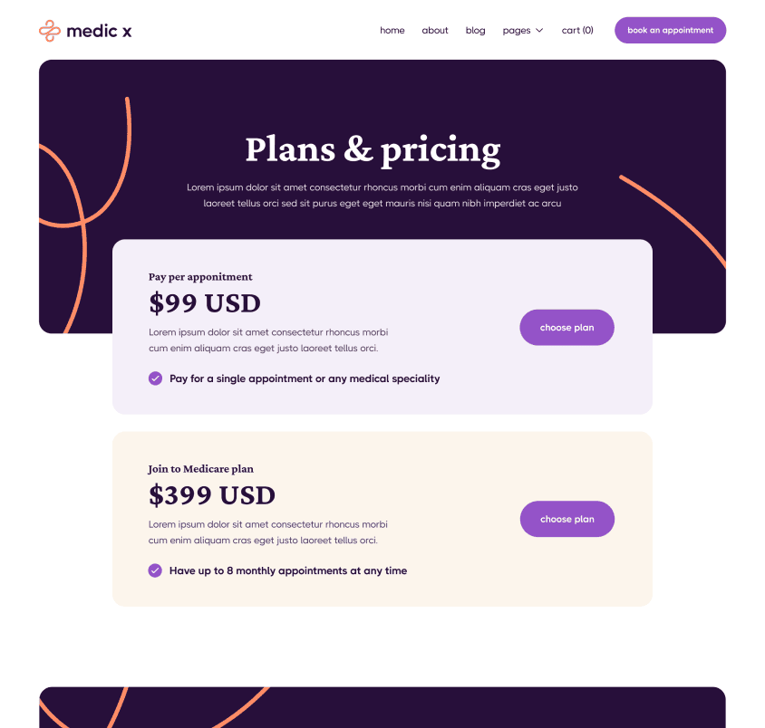 Medic X - Plans Page - Healthcare Webflow Template