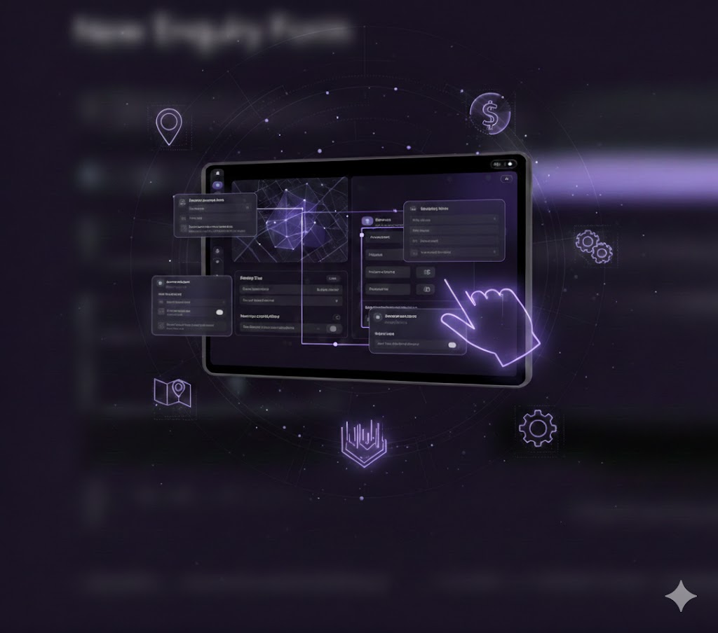 Digital tablet displaying a futuristic interface with floating data panels and a glowing hand cursor pointing at one panel, surrounded by tech icons.