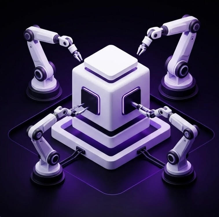 Four white robotic arms surrounding and interacting with a futuristic square device emitting purple light on a dark background.