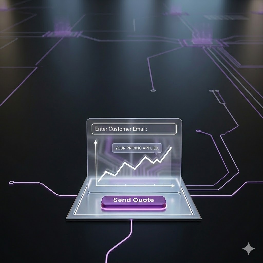 Digital interface with an input box labeled Enter Customer Email, a rising graph showing Your Pricing Applied, and a purple Send Quote button on a circuit board background.