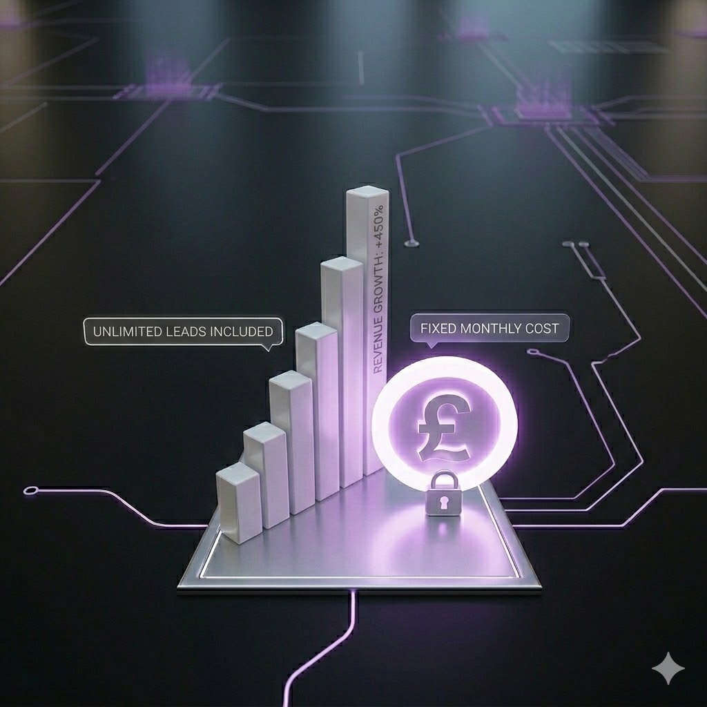 3D bar graph illustrating revenue growth of over 450%, accompanied by labels highlighting unlimited leads included and fixed monthly cost with a pound symbol and lock icon.