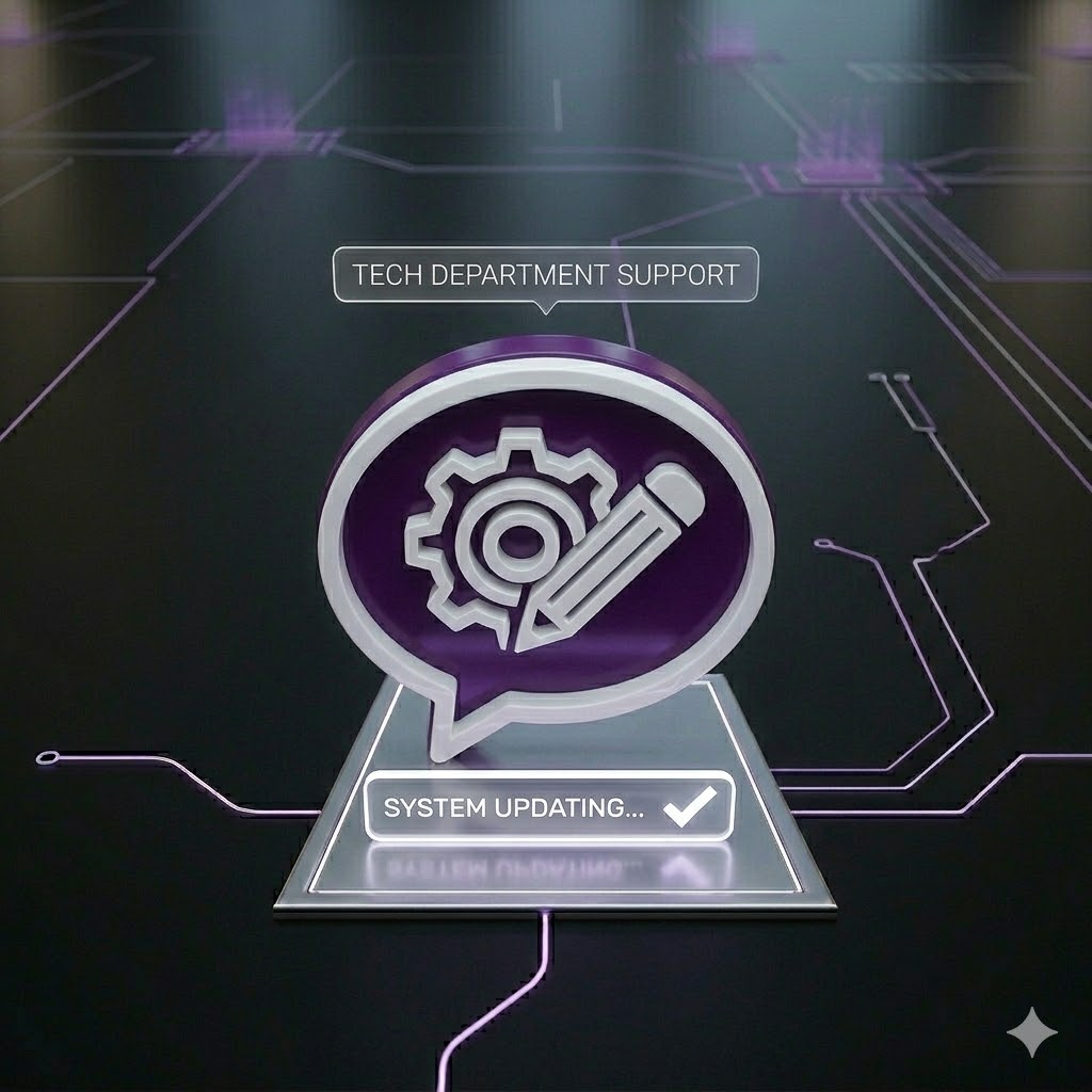 3D icon of a gear and pencil symbolizing tech support, with text boxes reading 'TECH DEPARTMENT SUPPORT' and 'SYSTEM UPDATING...' on a dark digital circuit background.