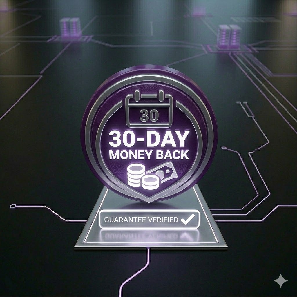 3D badge with calendar icon, text '30-DAY MONEY BACK', and 'GUARANTEE VERIFIED' checkmark on a dark tech circuit background.