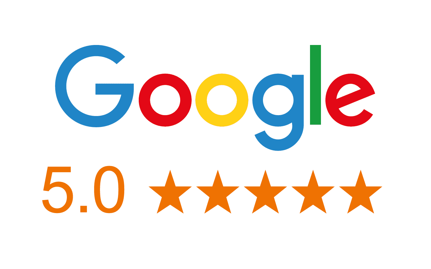 Google logo above a 5.0 star rating with five orange stars on a black background.