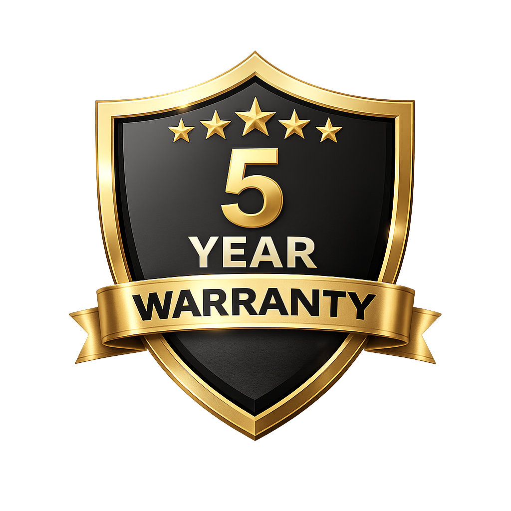 Gold and black shield emblem with five stars and text '5 Year Warranty' on a gold ribbon.
