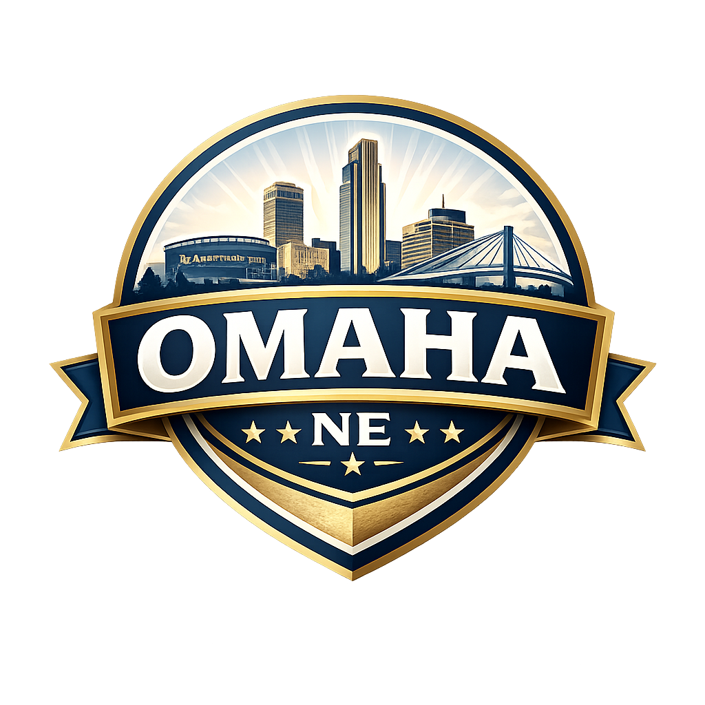 Shield-style emblem featuring Omaha skyline with buildings and a bridge, labeled 'OMAHA NE' accented by stars.