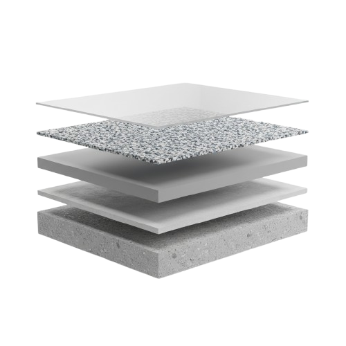 Illustration of five layered materials stacked and separated, showing a clear protective top layer, speckled material, solid gray layer, white layer, and textured concrete base.