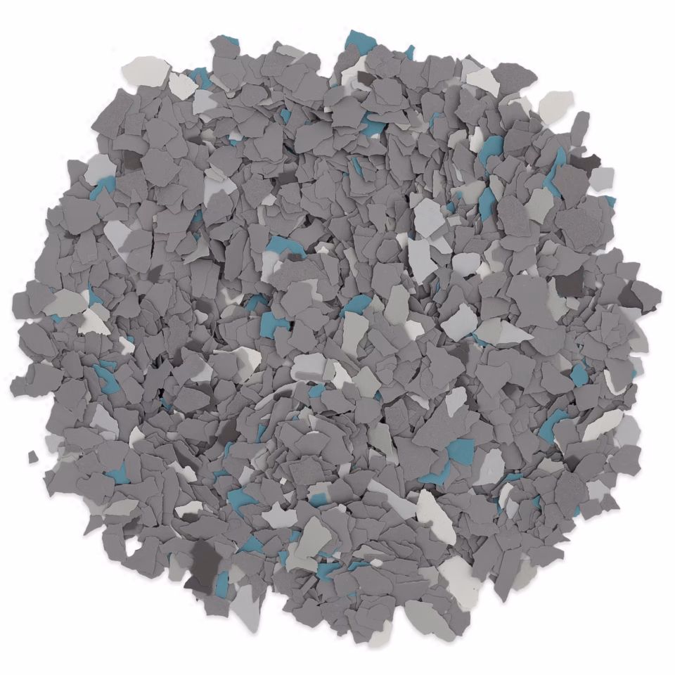 Pile of gray and blue irregular flakes resembling frostbite texture against a white background.
