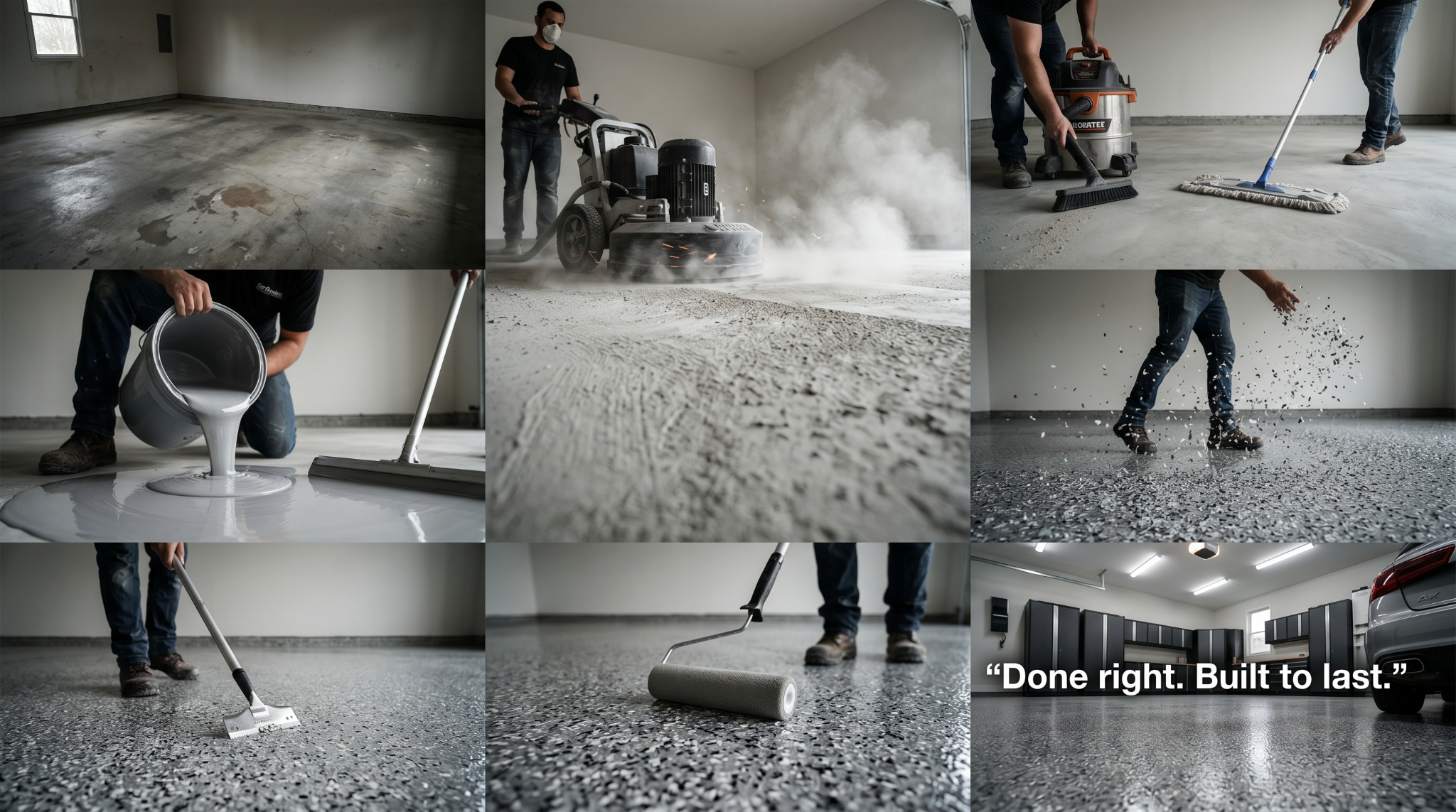 Collage showing the epoxy flooring process in a garage including grinding, cleaning, pouring epoxy, spreading flakes, smoothing, and finished glossy floor with cabinets and car.
