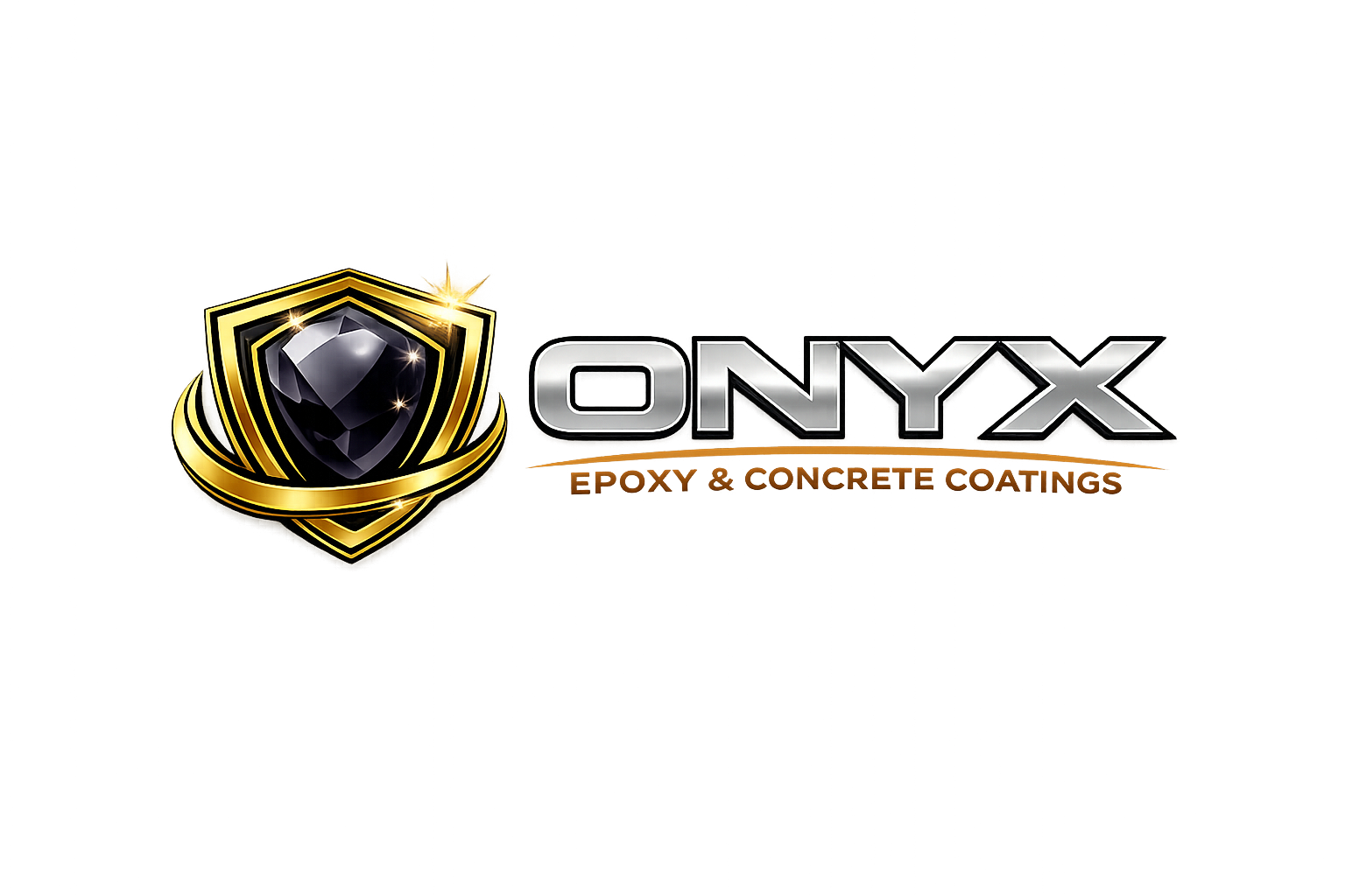 Logo featuring a glossy black onyx gem encased in a golden shield with the text 'ONYX Epoxy & Concrete Coatings'.