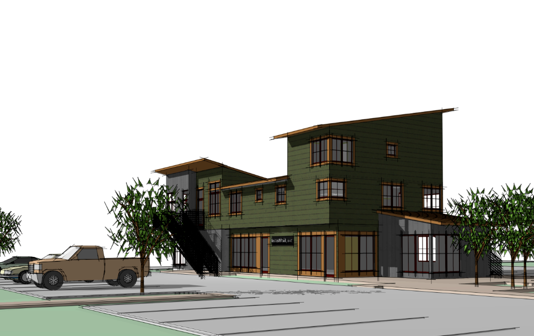 Digital rendering of Main Stree PLaza in Aspen a two-story green commercial building with large windows, outdoor stairs, trees, and parked cars.