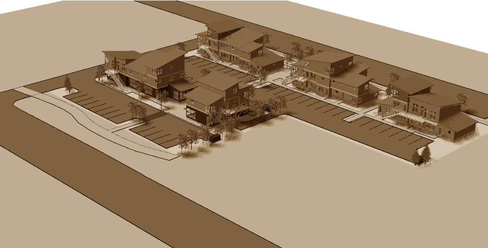 Sepia-tone 3D architectural rendering of Main Street Plaza a multi-building plaza with parking lots and surrounding roads.