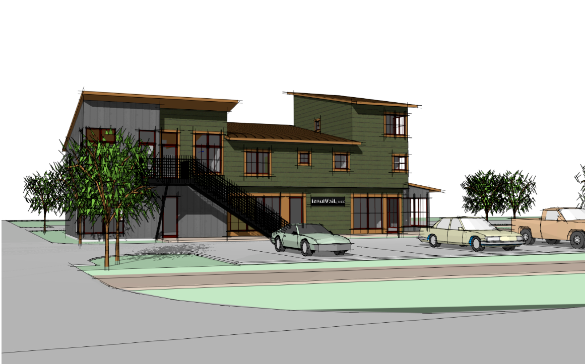 Architectural rendering of Main Street Plaza in Aspen a two-story green commercial building with stairs and parked cars outside.