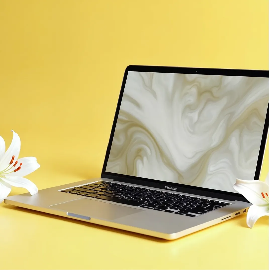 Silver laptop on a yellow surface with white lilies on each side and a gray abstract swirl pattern on the screen.