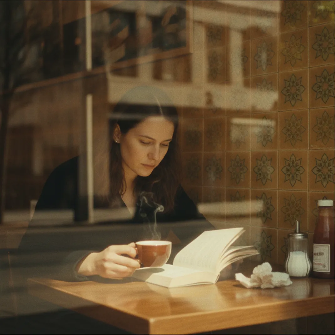 Woman sitting at a wooden table in a cafe, holding a steaming cup and reading an open book with condiments in the background.
