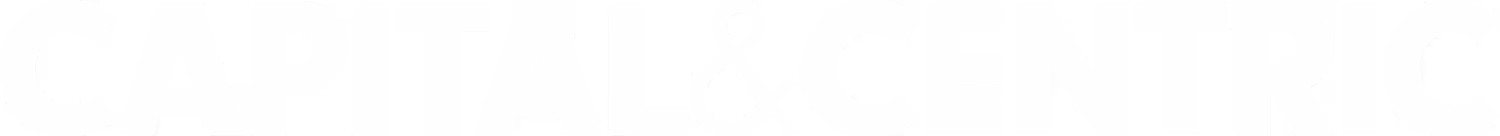 Text logo reading 'CAPITAL & CENTRIC' in uppercase bold white letters on a transparent background.