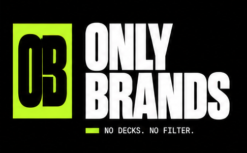 Logo with a green square containing black 'OB' letters next to bold white text 'ONLY BRANDS' and the tagline 'NO DECKS. NO FILTER.' on a black background.