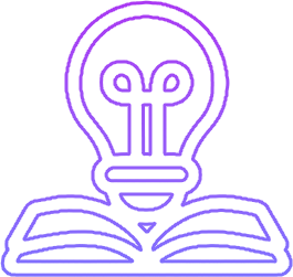 Purple line icon of an open book with a glowing light bulb above it, symbolizing knowledge or ideas.