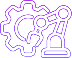 Purple outline icon of a gear and a robotic arm representing automation and machinery.