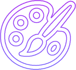 Purple outlined icon of an artist's palette with five paint wells and a paintbrush.