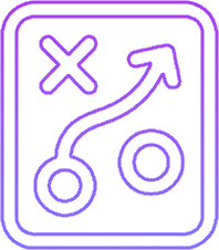Icon of a strategy diagram with two circles and an 'X' connected by an arrow indicating a planned movement.