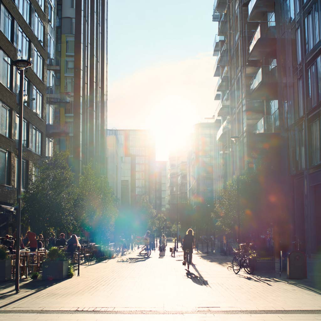 Sunlit urban street with people walking and cycling between tall buildings and outdoor seating areas.