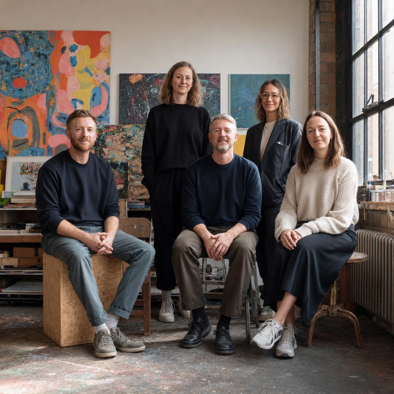 Five people, three seated and two standing, posing in an art studio with colorful abstract paintings on the wall behind them.