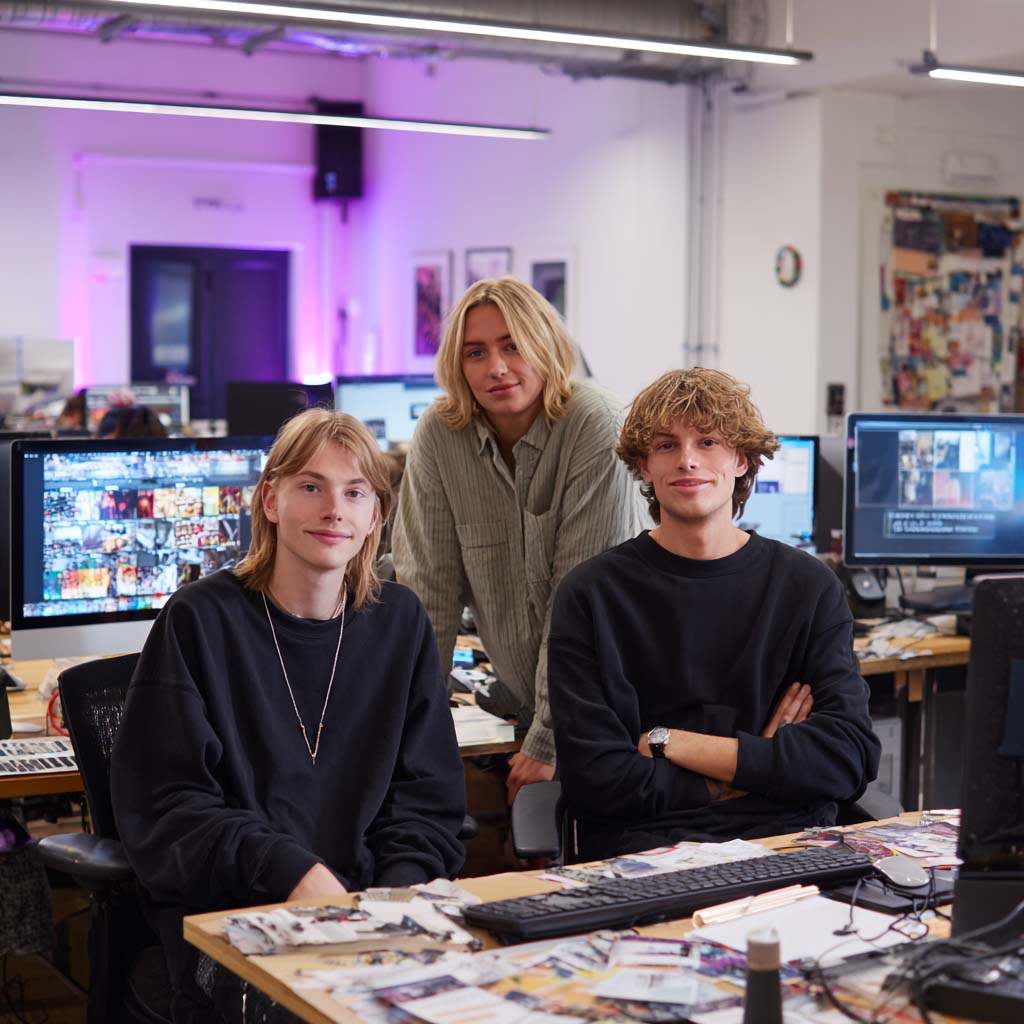 Three young people with casual attire smiling and posing in a modern office with computers and desks cluttered with papers and keyboards.