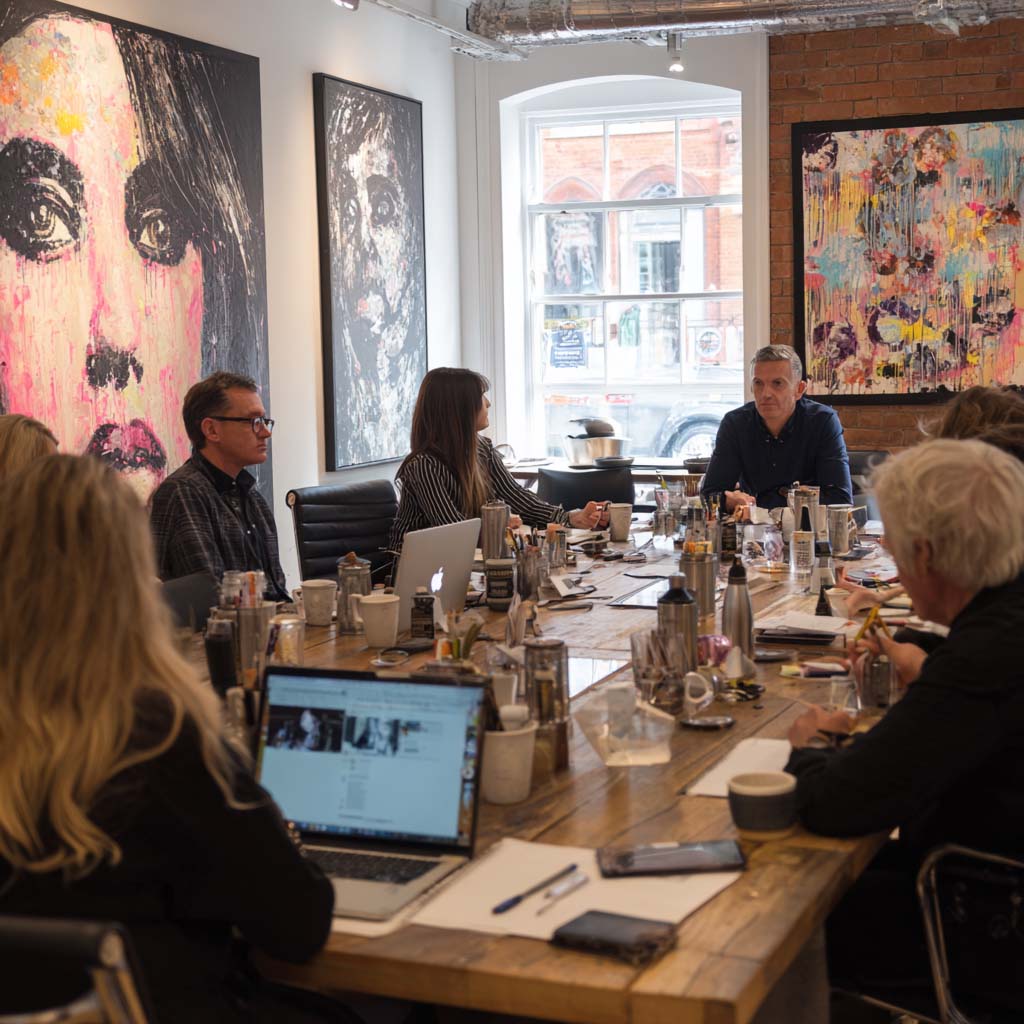Group of people having a meeting around a wooden table in a room with modern art paintings on the walls and a window showing a brick building outside.