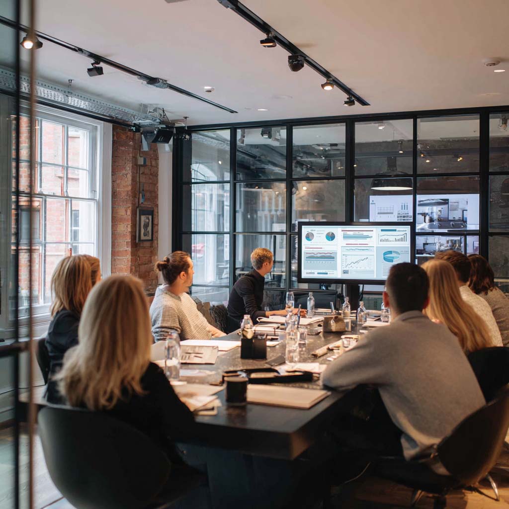Group of people seated around a conference table watching data charts displayed on a large screen in a modern office.
