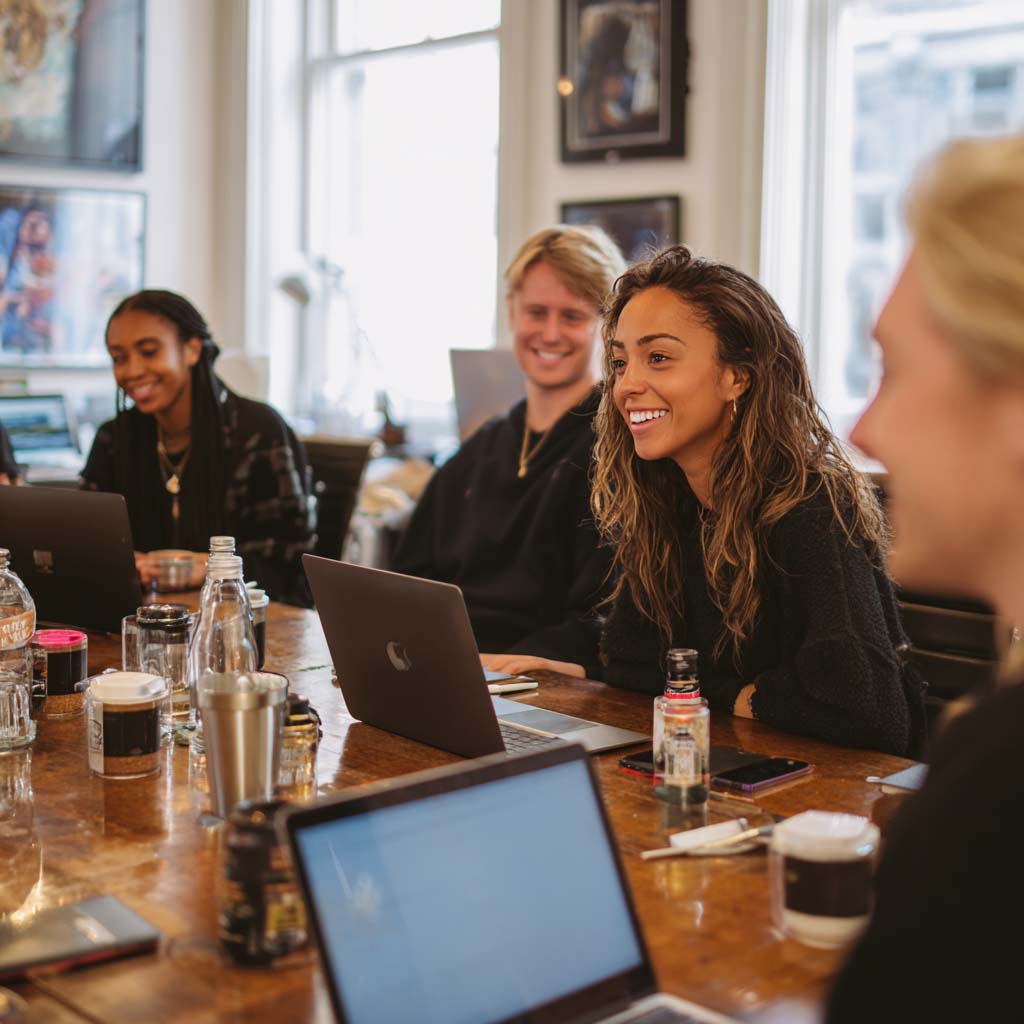 A group of young adults smiling and working on laptops around a wooden table in a bright office.