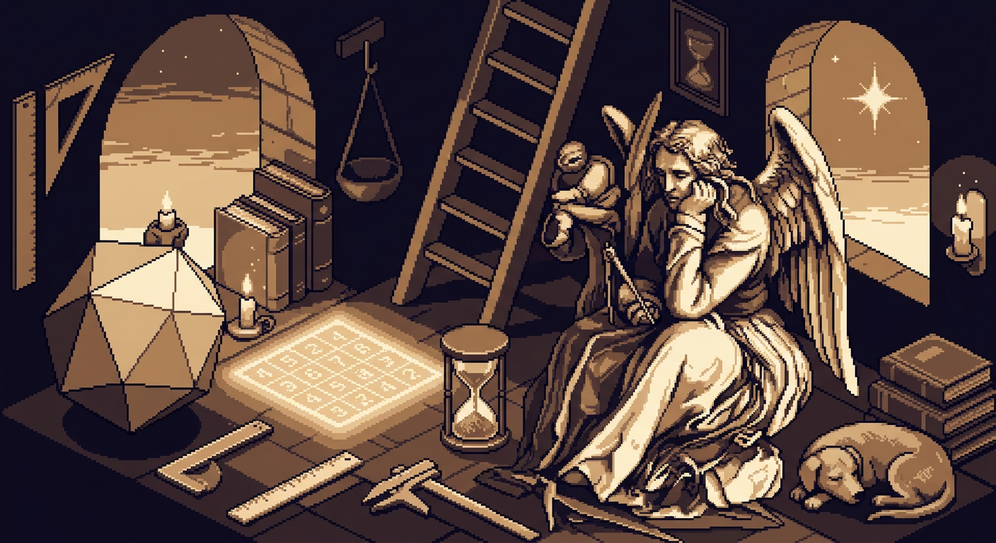 pixel art version of Durer's Melencholia I - a scholar deep in thought