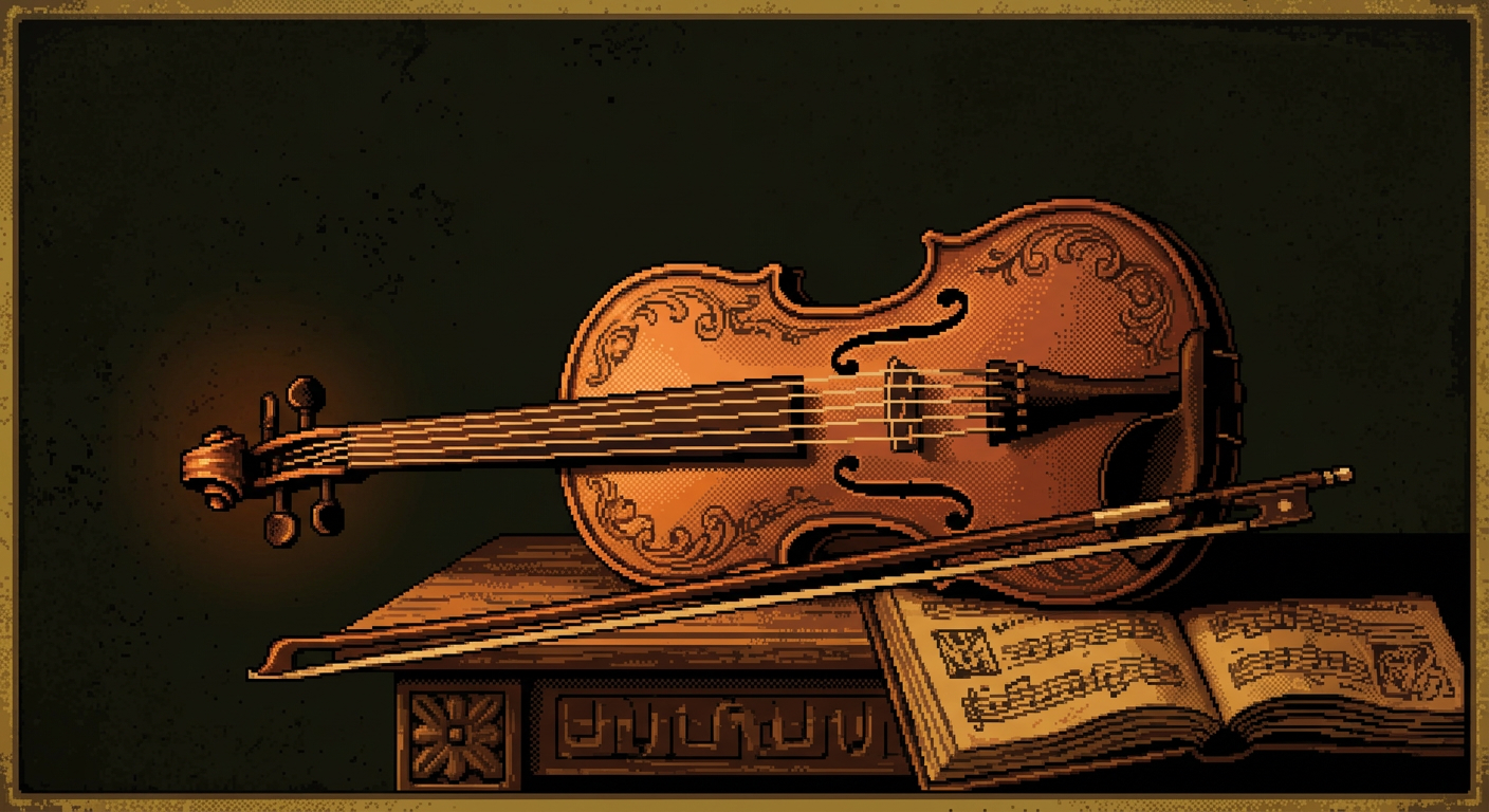 pixel art Stradivarius violin in warm amber and copper tones