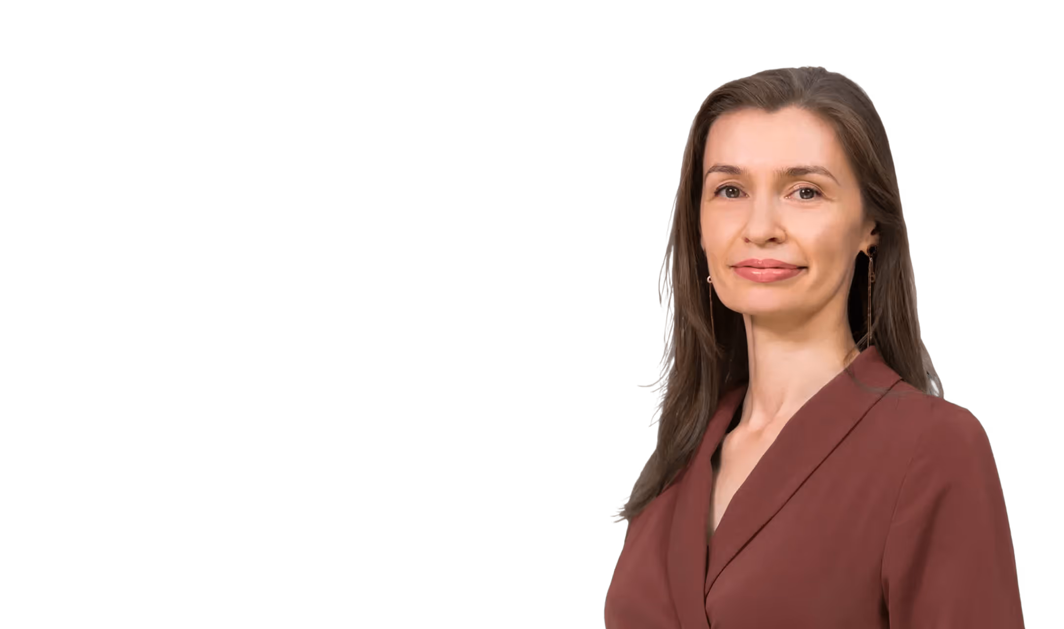 Olena Perepelynska with long brown hair wearing a maroon blazer against a black background.