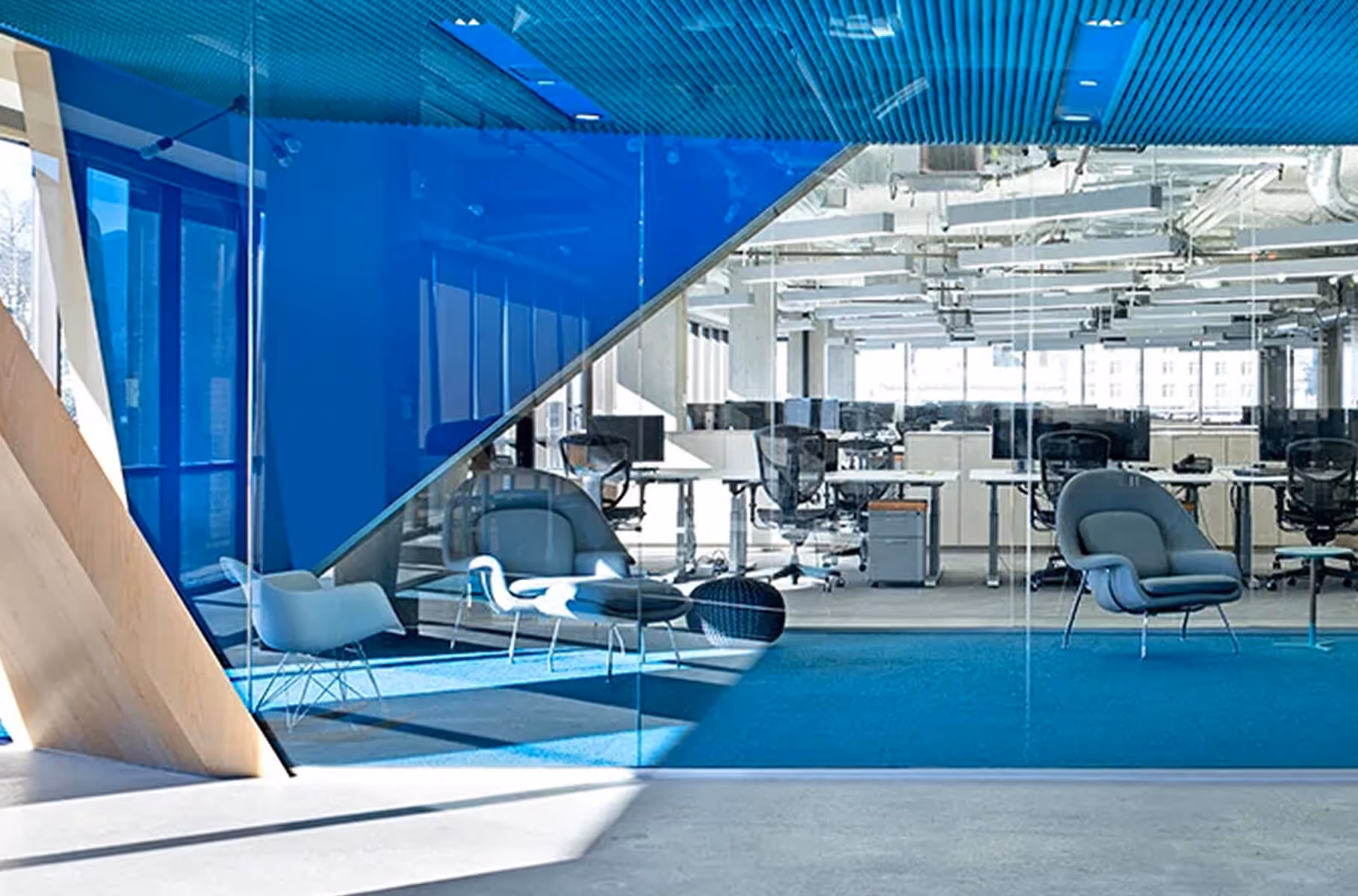 Modern office lounge with blue carpet, glass walls, and ergonomic chairs in a bright workspace.