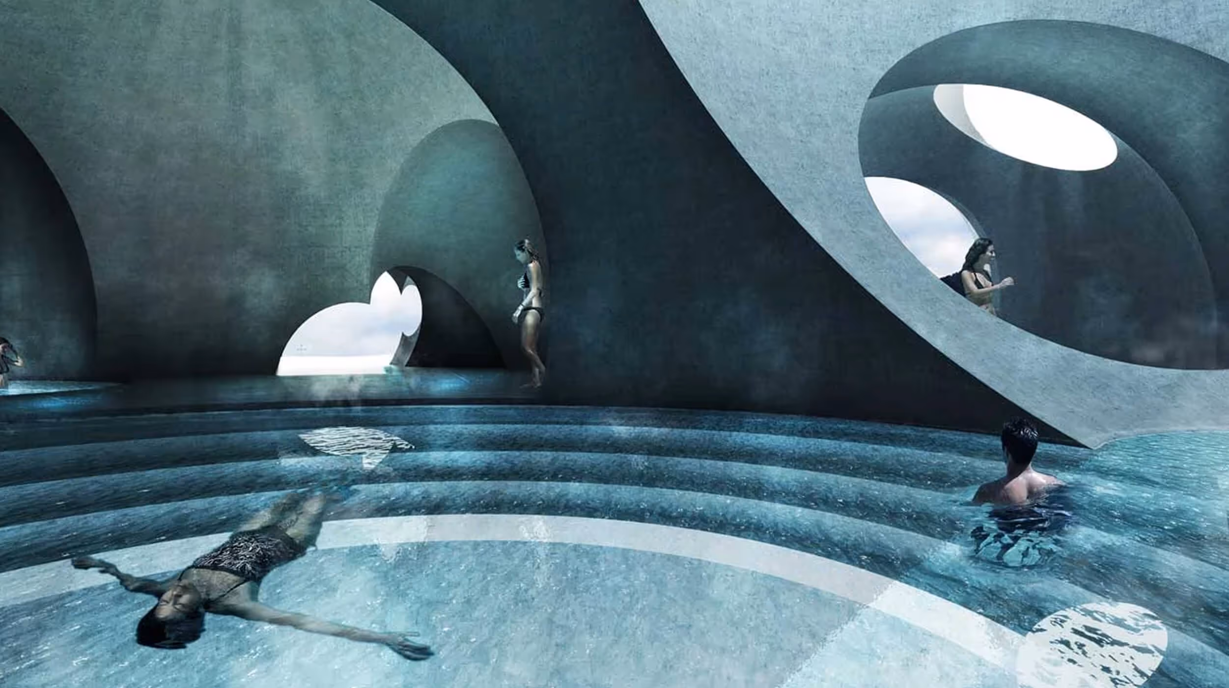 People relaxing and swimming inside a modern curved architectural pool with circular openings.