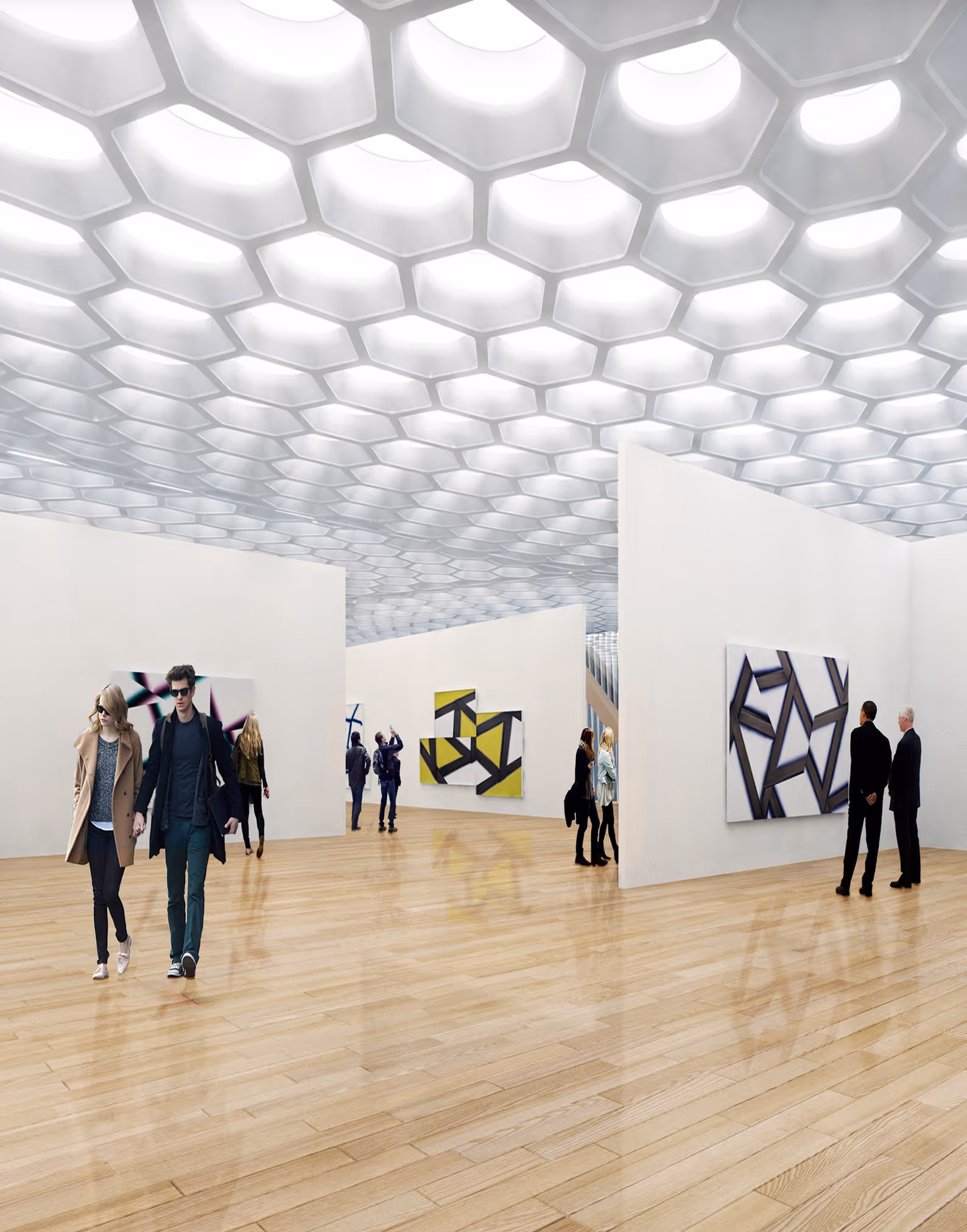 Modern art gallery with geometric paintings and visitors walking and viewing exhibits under hexagonal ceiling lights.