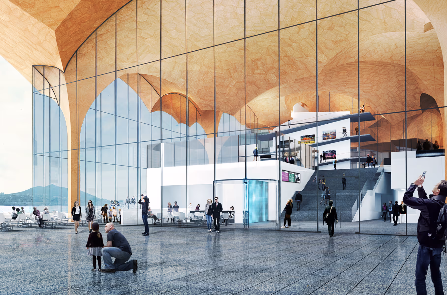 Modern building interior with large glass walls, arched ceiling, stairs, and people walking and sitting.