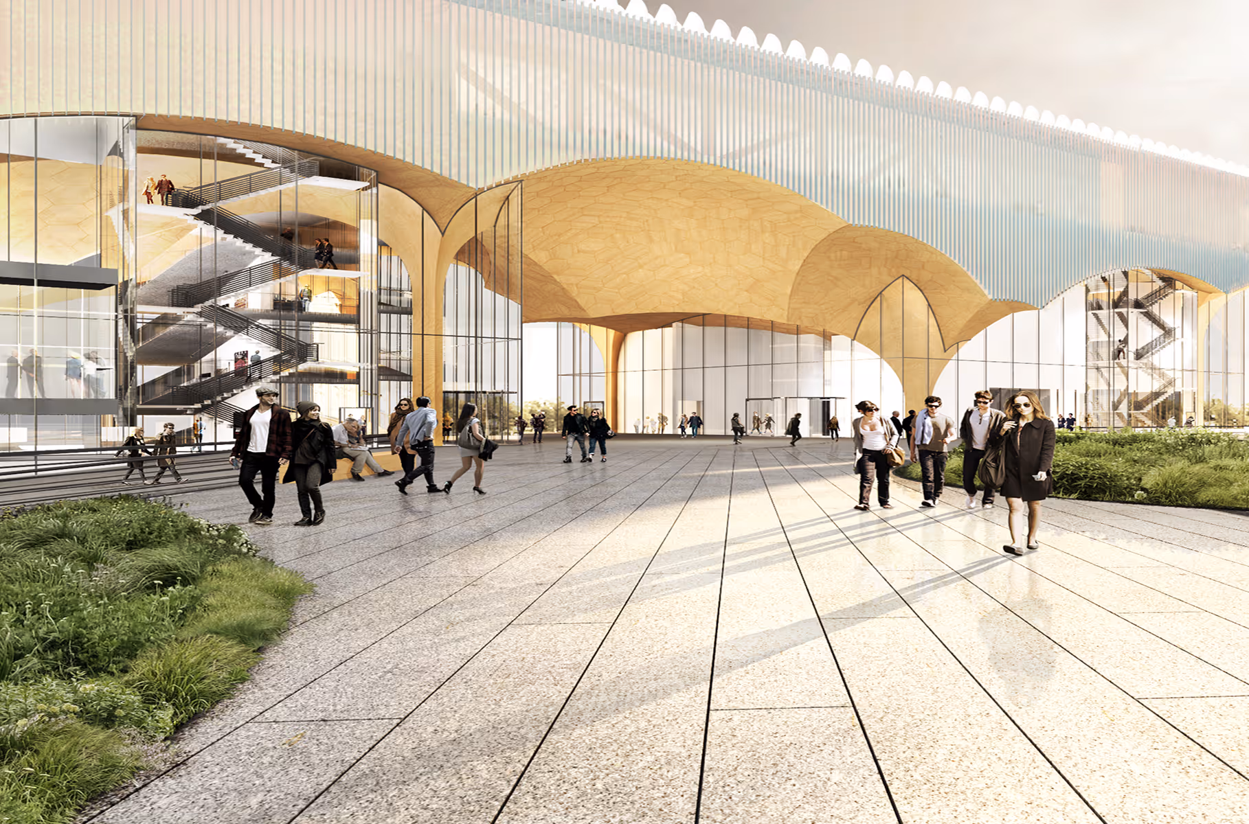People walking outside a modern building with large glass walls and arching wooden ceilings.