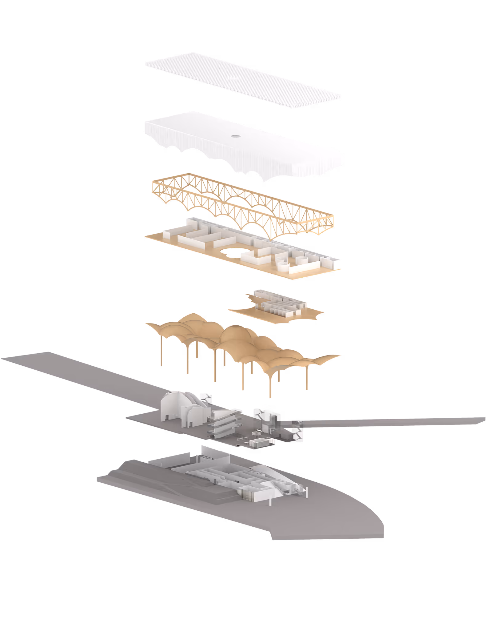 Exploded architectural model showing different structural and floor layers of a modern building design.