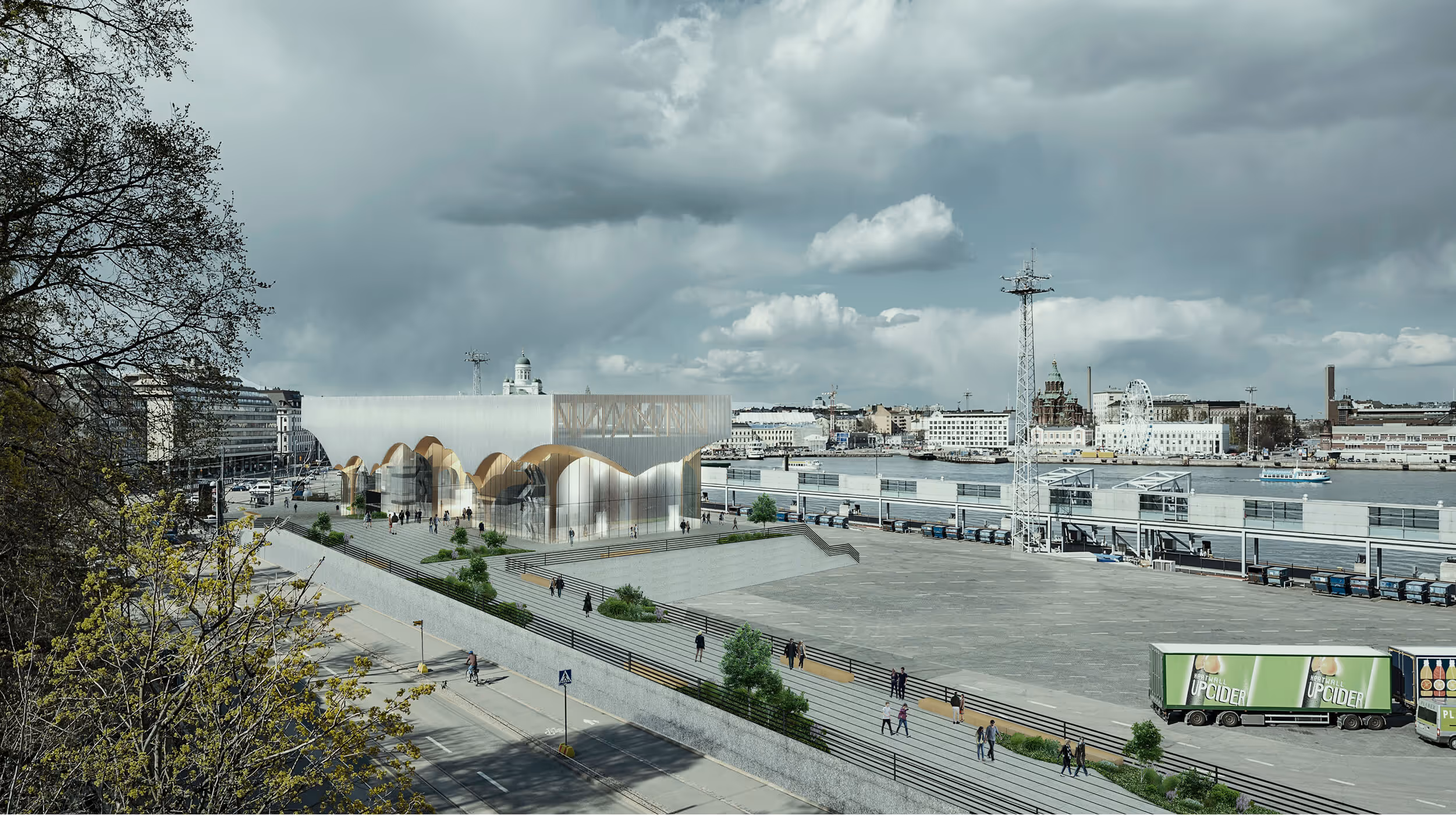 Modern waterfront building with curved roof arches and people walking nearby under cloudy sky.
